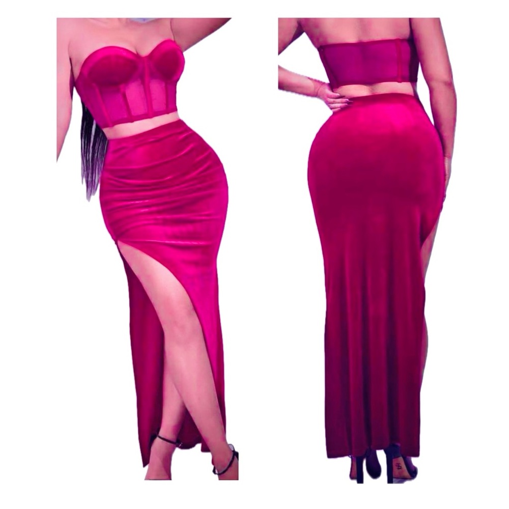 NWT Women’s Hot Pink 2 Piece Velvet Body-con Corset Top & Maxi Skirt
